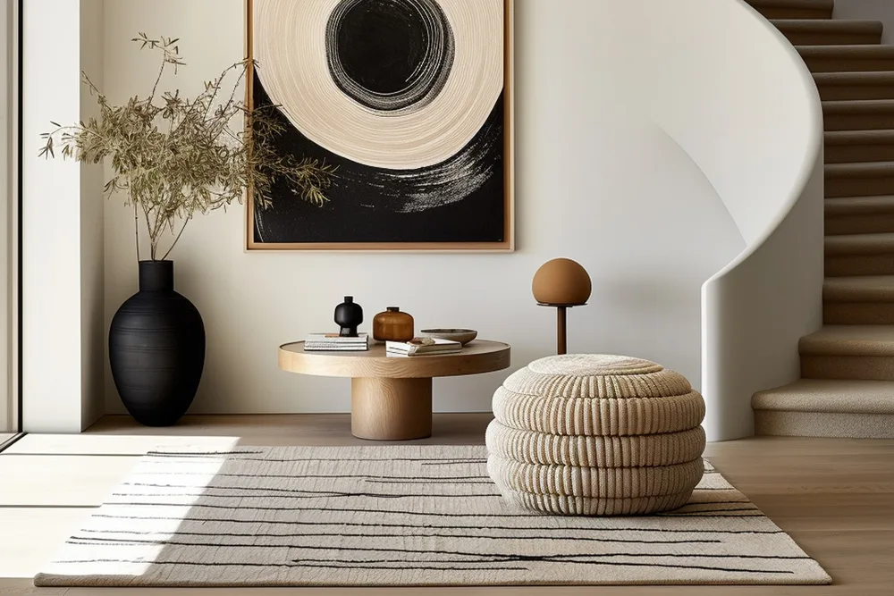 Modern entryway with striped area rug, carpeted stairs, and minimalist décor
