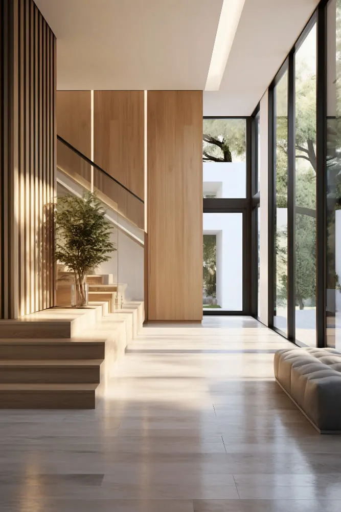Modern hallway with seamless natural wood flooring and minimalist architectural design