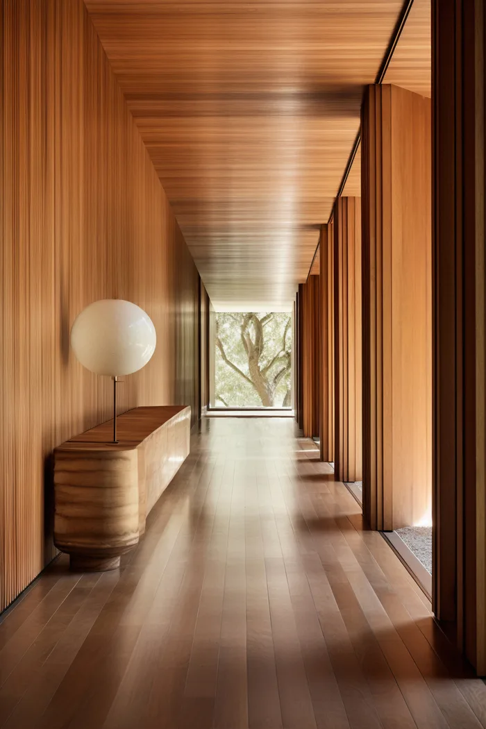 Modern hallway with seamless natural wood flooring and minimalist architectural design
